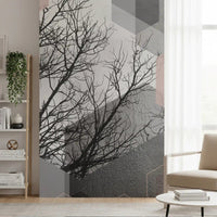 Layered hexagonal mural with leafless tree shapes in blush, silver, and charcoal., GD10290