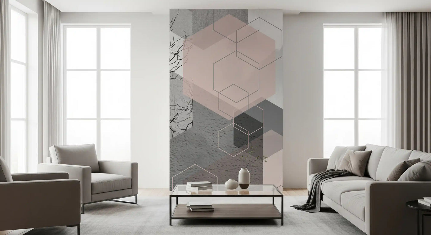 Hexagon and tree mural with solid, sketched, and outline hexes across muted palette., GD10290