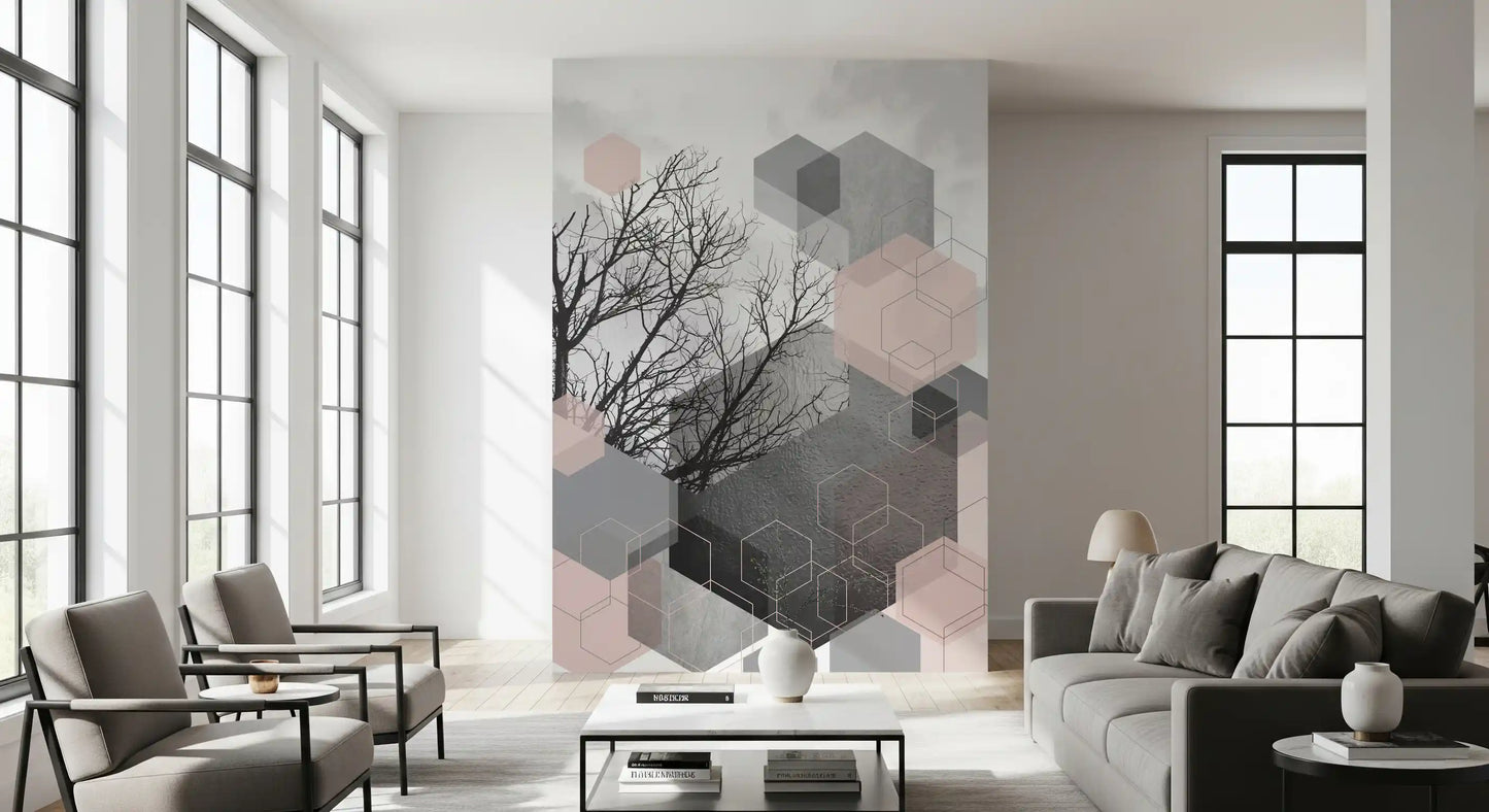 Bare tree silhouette mural anchoring scattered hexagons in pink, silver, white outline., GD10290