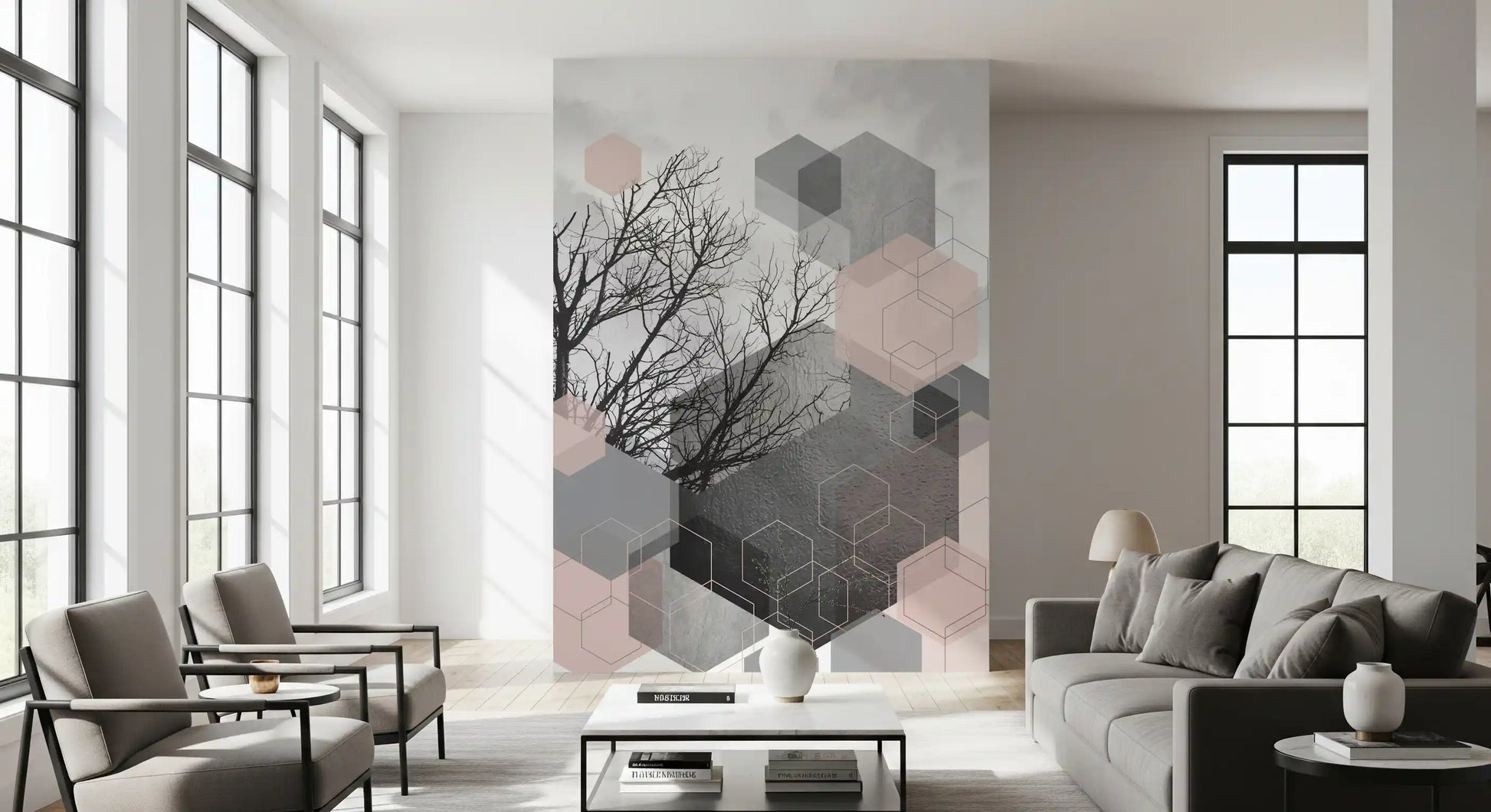 Bare tree silhouette mural anchoring scattered hexagons in pink, silver, white outline., GD10290