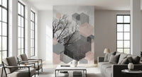 Bare tree silhouette mural anchoring scattered hexagons in pink, silver, white outline., GD10290