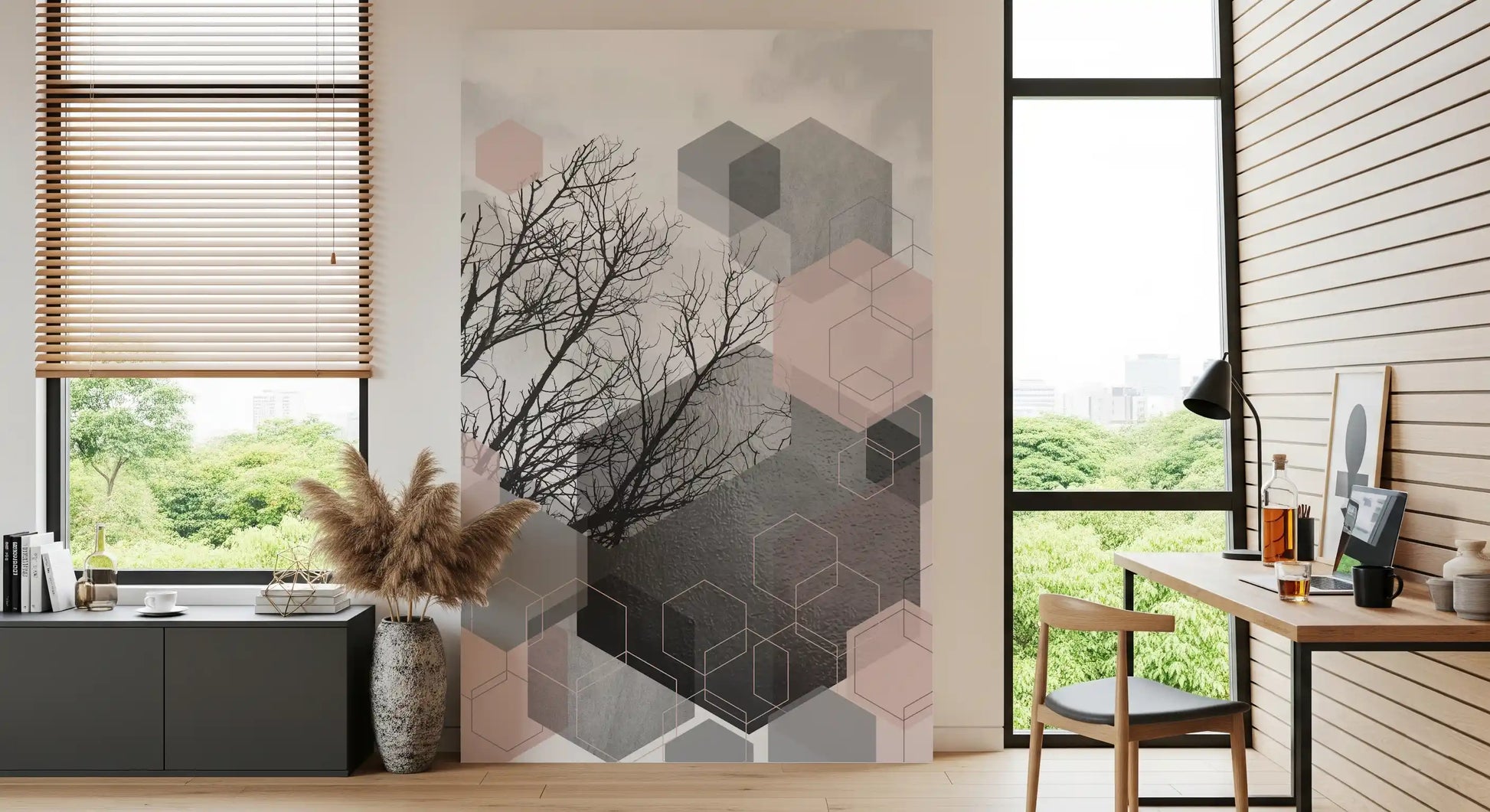 Study room wall featuring scattered hexagon pattern with bare branches in blush and charcoal., GD10290