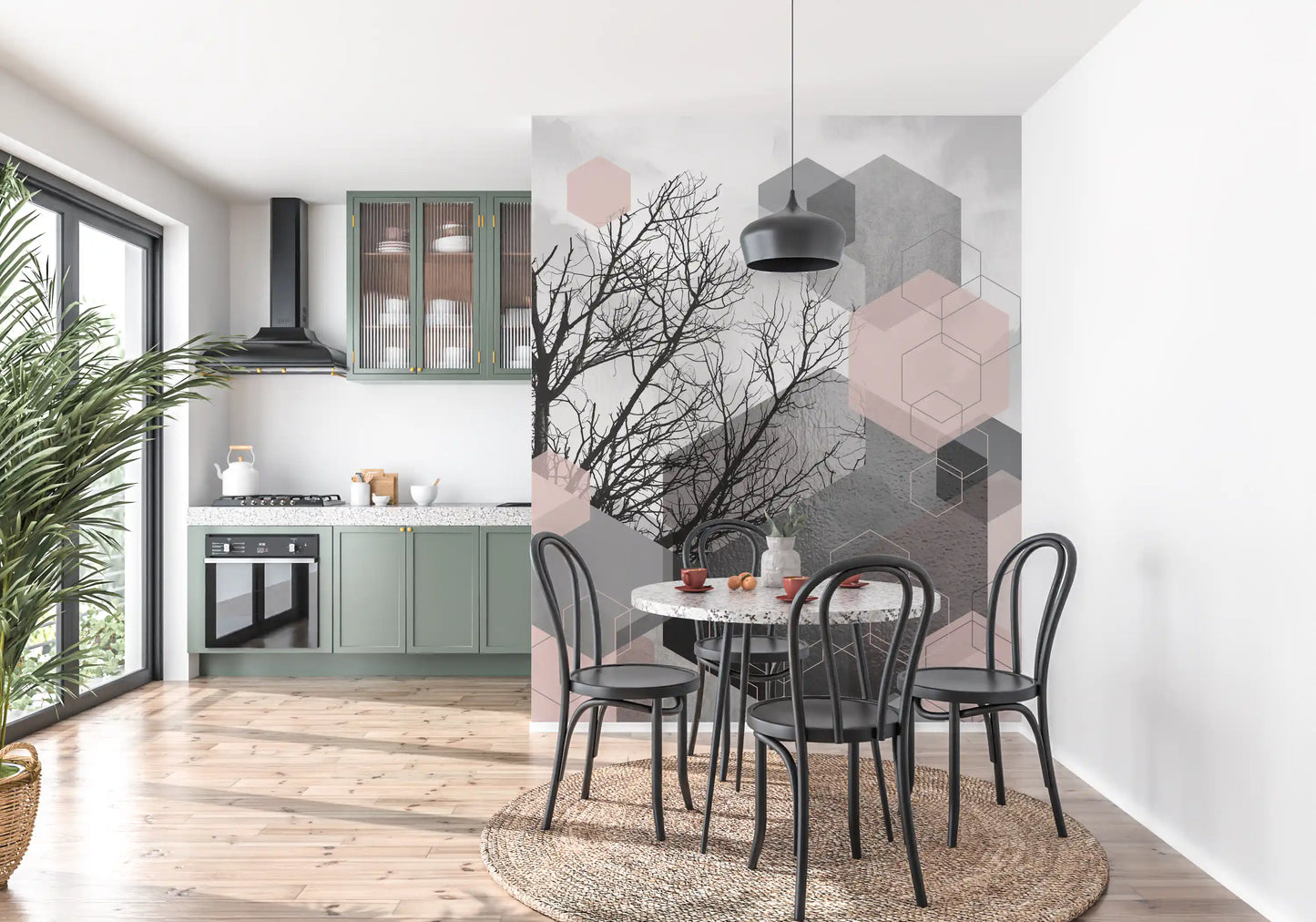 Translucent hexagons wall mural with leafless tree shapes in soft pink and grey., GD10290