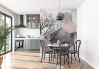 Translucent hexagons wall mural with leafless tree shapes in soft pink and grey., GD10290