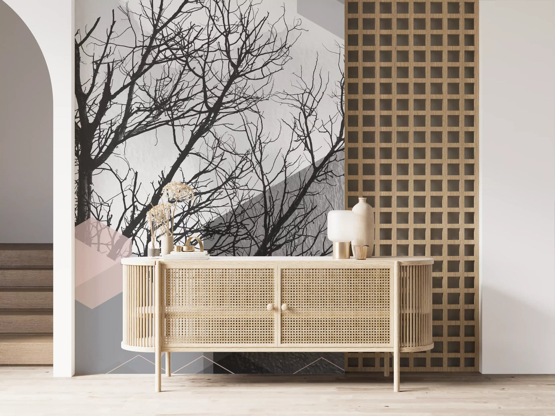 Abstract hexagon and bare branch mural with soft cloudy backdrop in muted tones., GD10290
