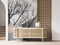 Abstract hexagon and bare branch mural with soft cloudy backdrop in muted tones., GD10290