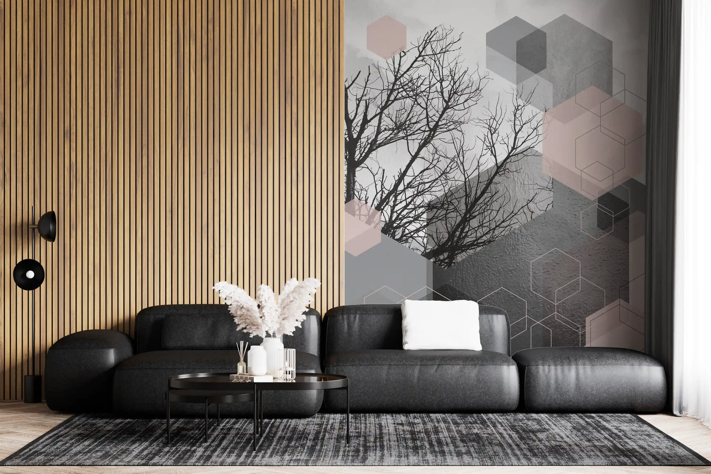 Wall mural pattern with hexagonal cluster overlapping bare branches and watercolour sky., GD10290