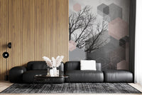 Wall mural pattern with hexagonal cluster overlapping bare branches and watercolour sky., GD10290
