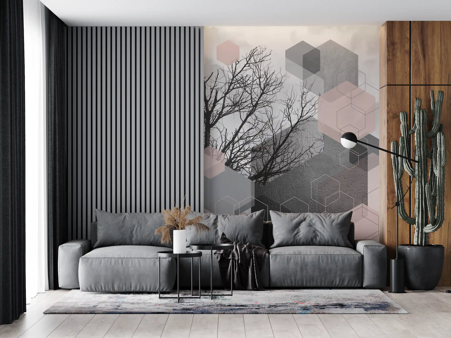 Living room wall styled with geometric hexagon bare tree mural in blush and silver., GD10290