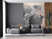 Living room wall styled with geometric hexagon bare tree mural in blush and silver., GD10290