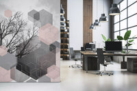 Geometric hexagon spread wall mural with charcoal tree shapes in blush and silver tones for office., GD10290