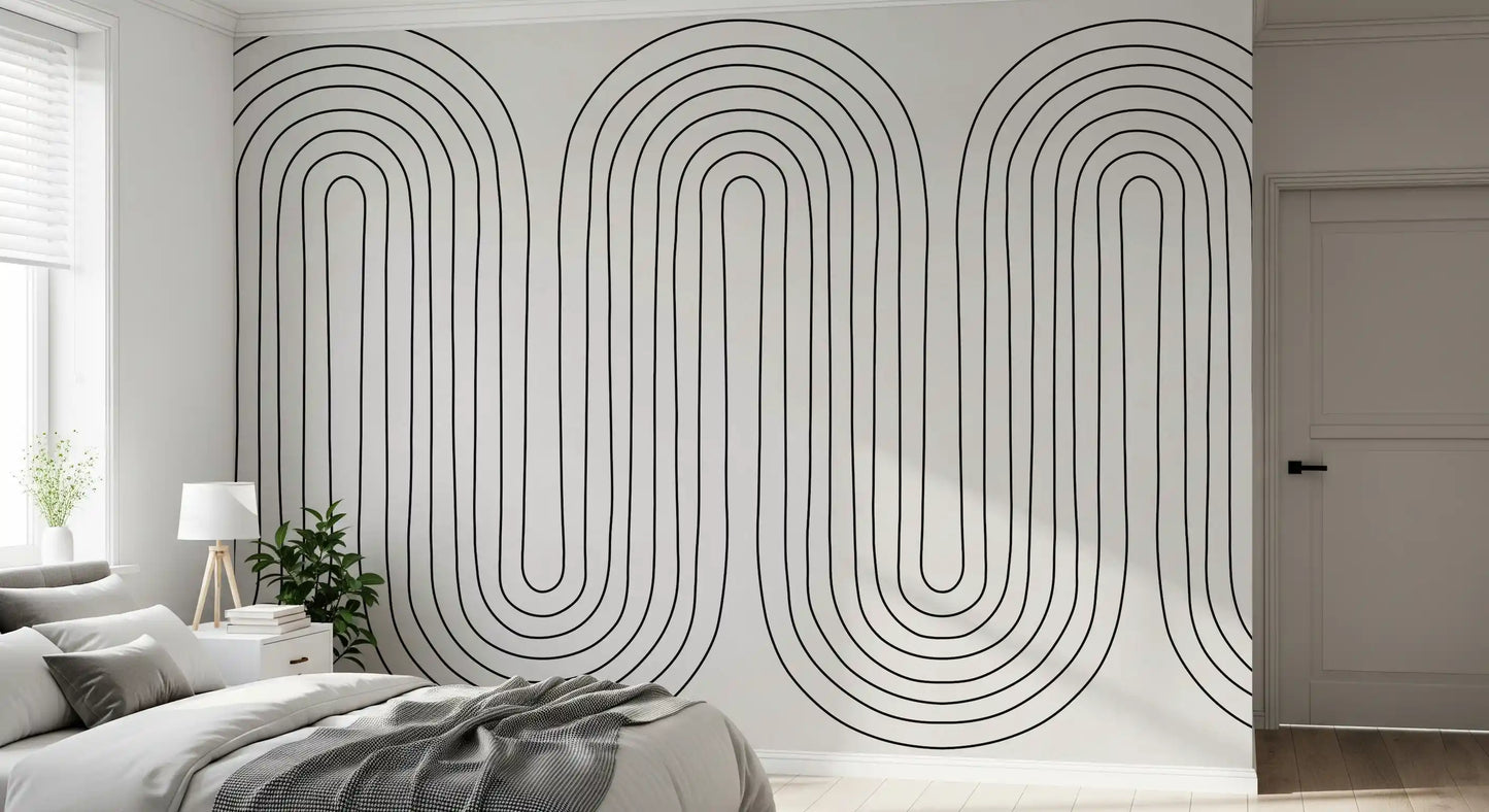 Nested arch loops wall mural with fine black line arches in bedroom., GD10291