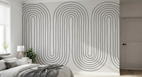 Nested arch loops wall mural with fine black line arches in bedroom., GD10291
