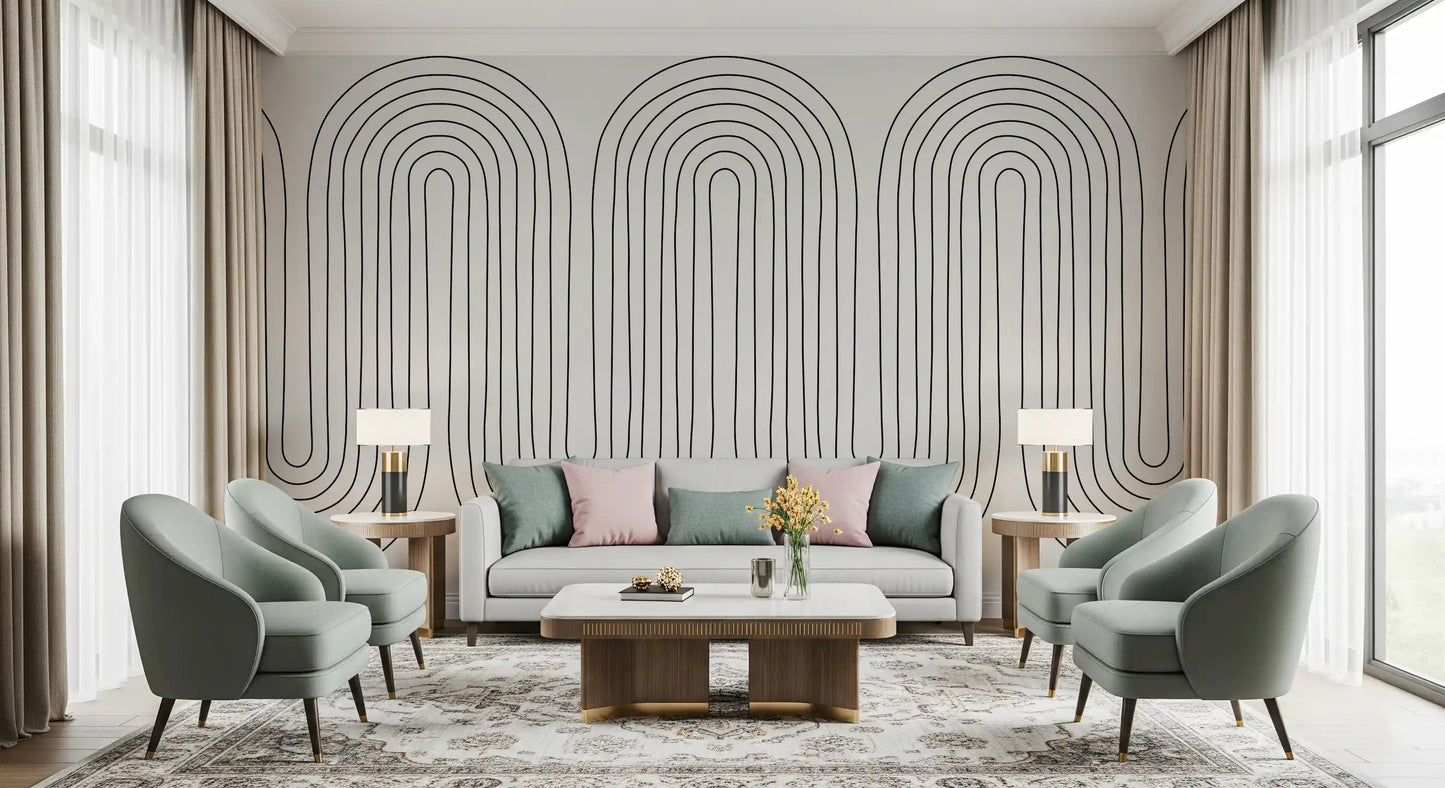 Concentric arches wall mural with soft off-white and fine black line in living area., GD10291