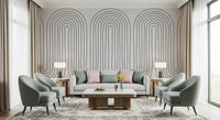 Concentric arches wall mural with soft off-white and fine black line in living area., GD10291