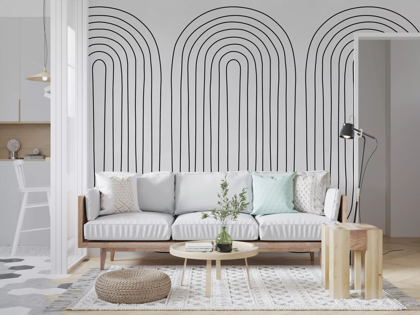 Living room wall styled with subtle arch rhythm mural in black line on cream background., GD10291