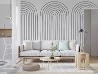 Living room wall styled with subtle arch rhythm mural in black line on cream background., GD10291