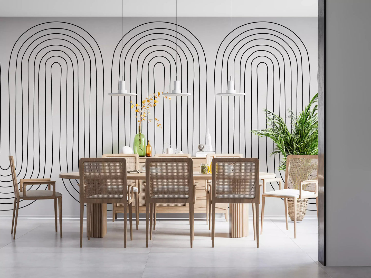 Wave-shaped arch mural in black linework spread across a wall., GD10291