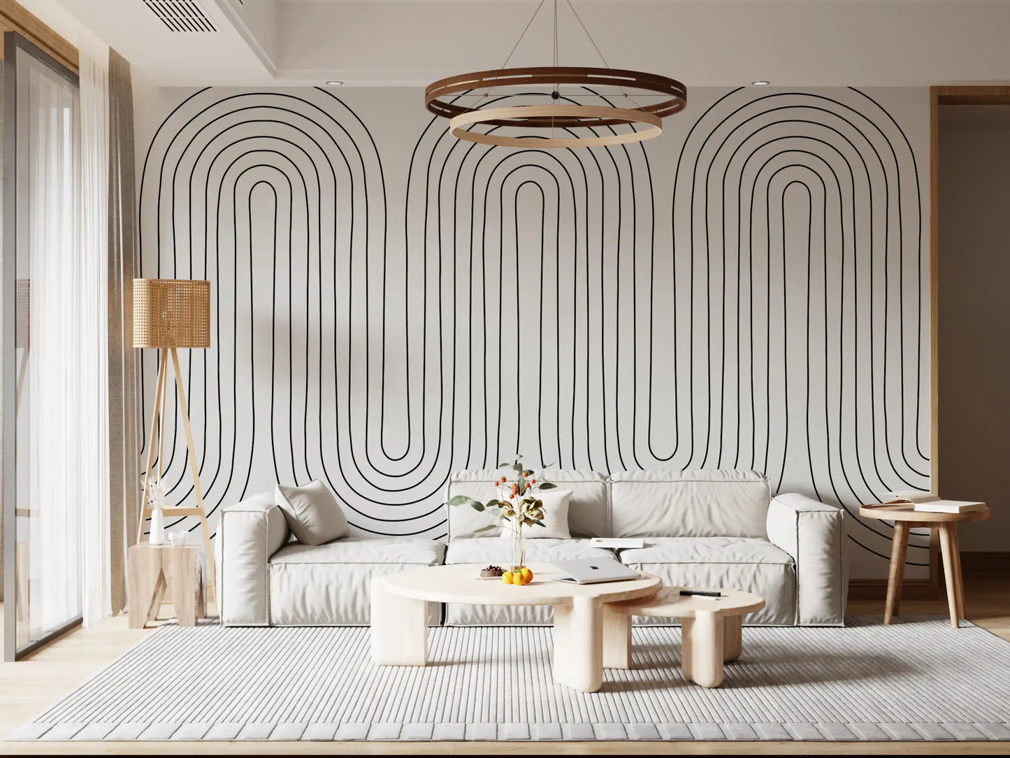 Minimal arch wall mural with nested ring outlines on a paper-textured cream surface., GD10291