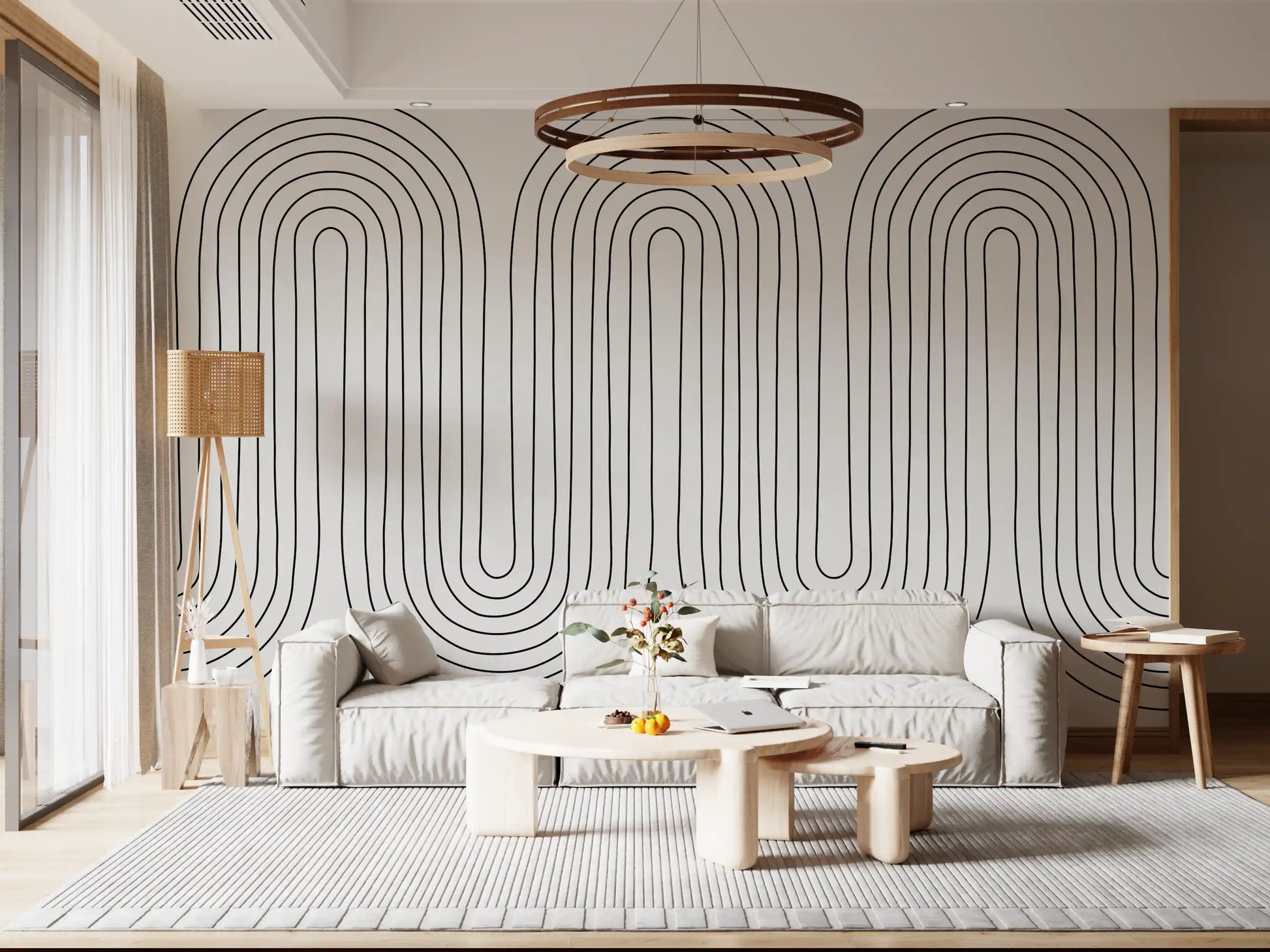 Minimal arch wall mural with nested ring outlines on a paper-textured cream surface., GD10291