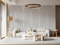 Minimal arch wall mural with nested ring outlines on a paper-textured cream surface., GD10291