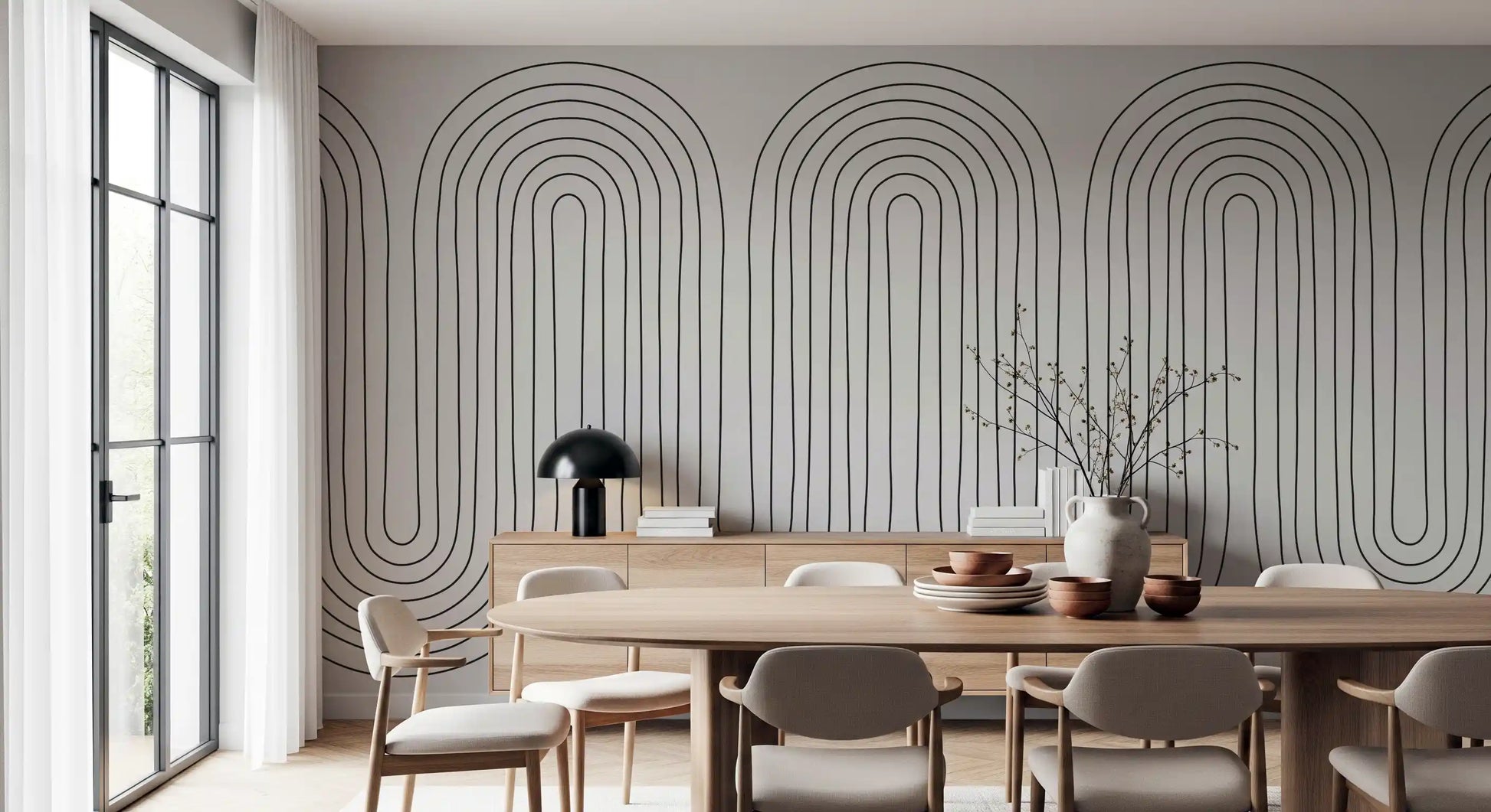 Subtle arch rhythm wall mural with repeating black line wave on cream backdrop., GD10291