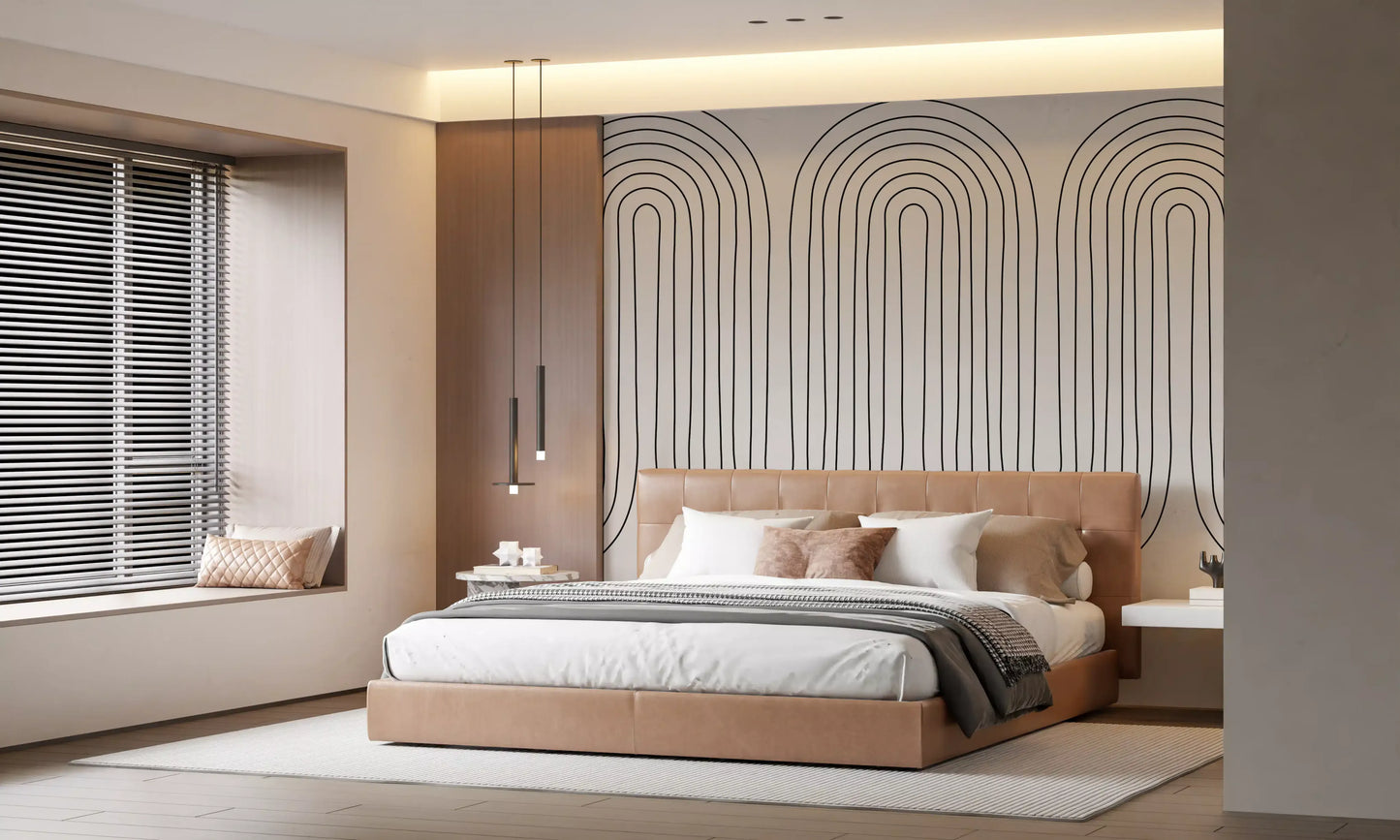 Repeating wave of arches wall mural in thin black line over a warm cream off-white backdrop., GD10291