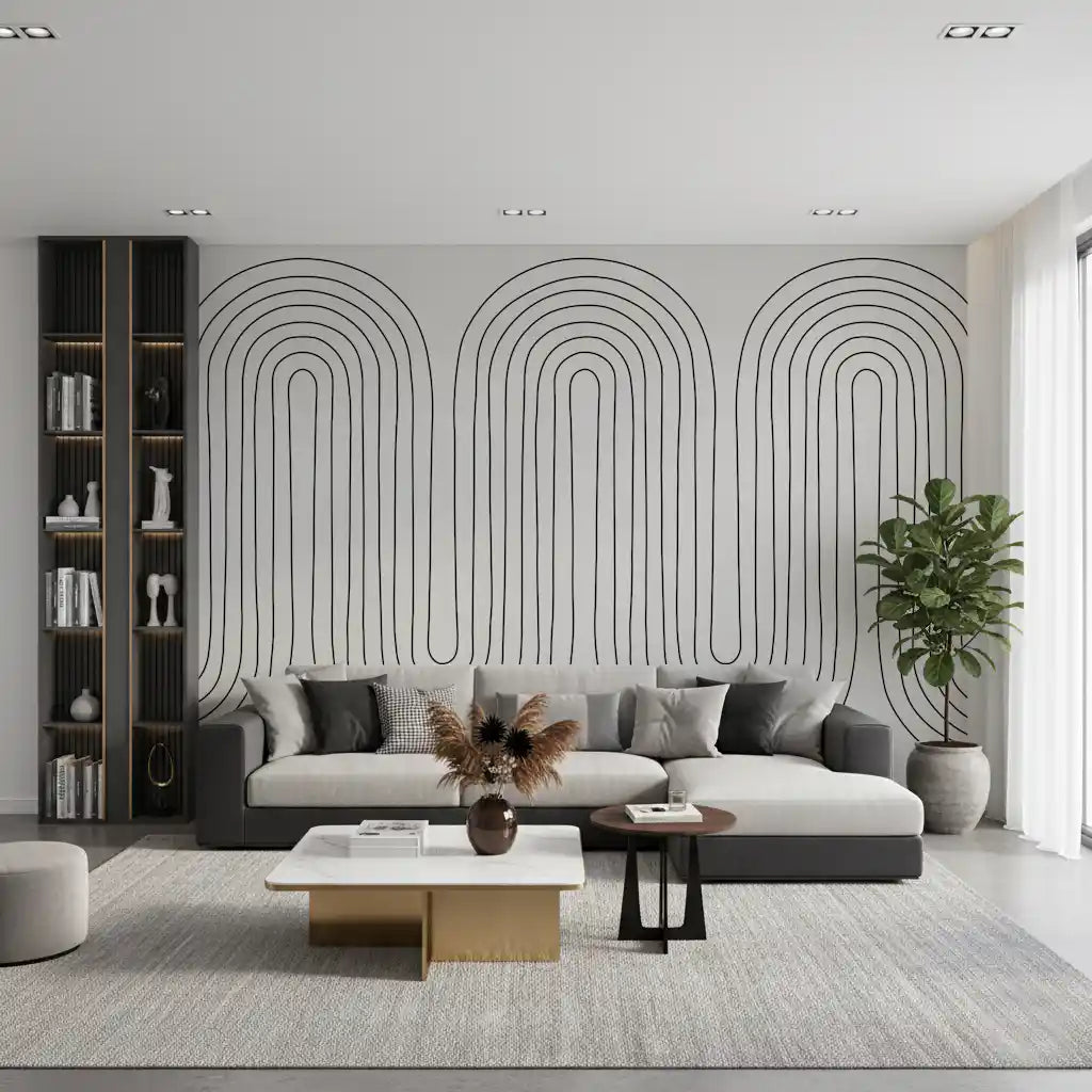 Scandinavian-style arch line mural with concentric rings on living room backdrop., GD10291