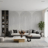 Scandinavian-style arch line mural with concentric rings on living room backdrop., GD10291