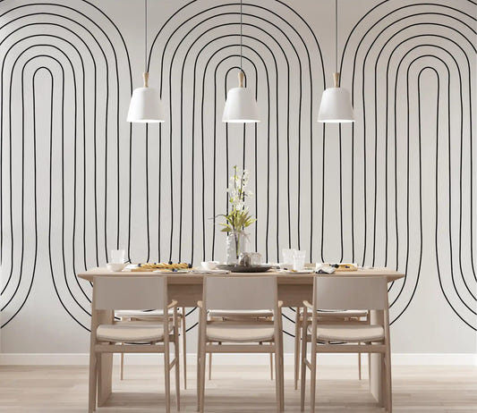 Dining room wall featuring concentric arch wave mural in fine black line and cream. 