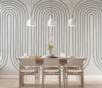 Dining room wall featuring concentric arch wave mural in fine black line and cream., GD10291
