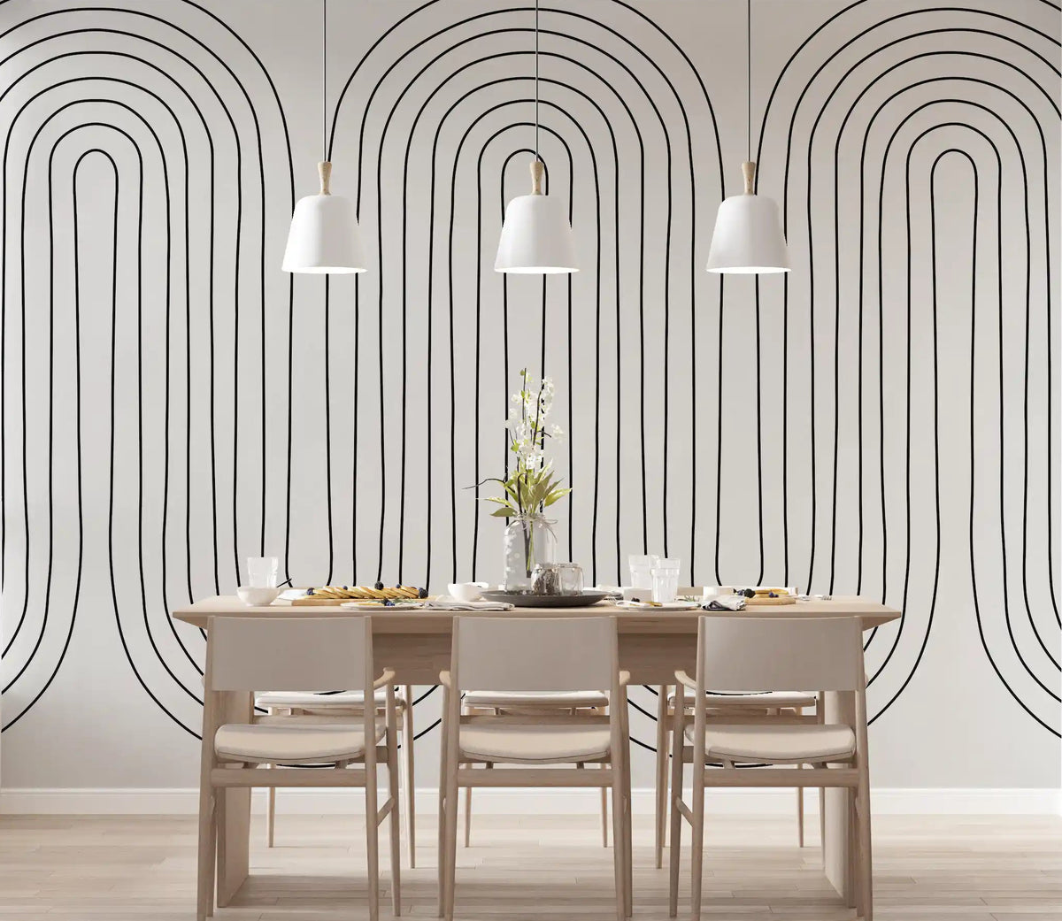 Dining room wall featuring concentric arch wave mural in fine black line and cream., GD10291