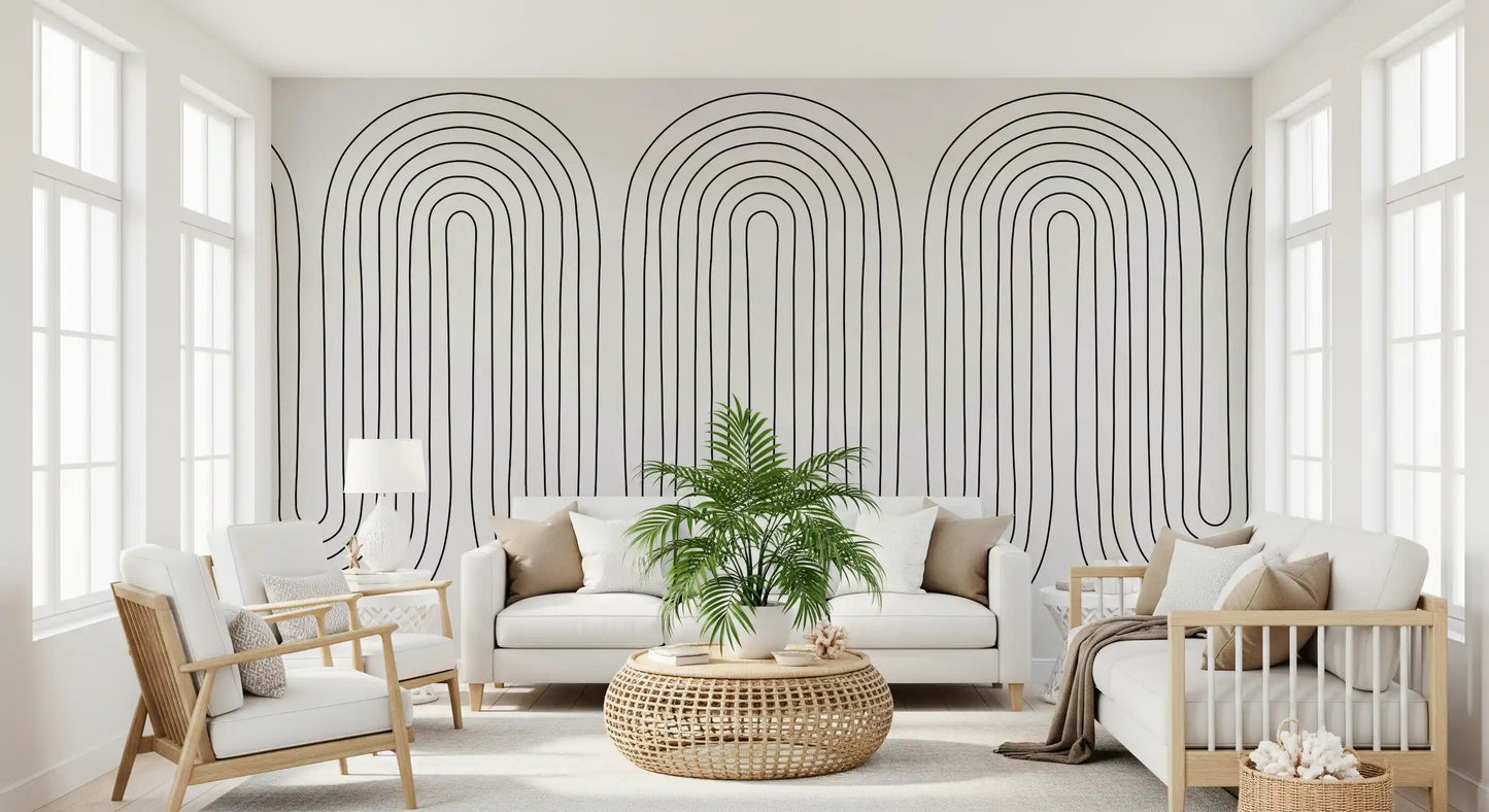Mid-century arch line pattern mural in black on cream with quiet horizontal rhythm., GD10291