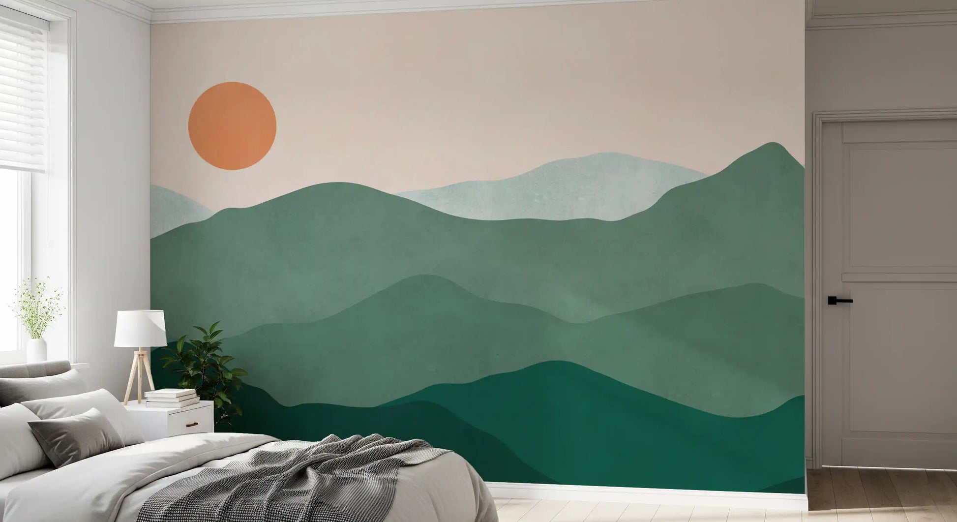 Painterly green mountain wall mural with a small orange sun and sky in bedroom., GD10292