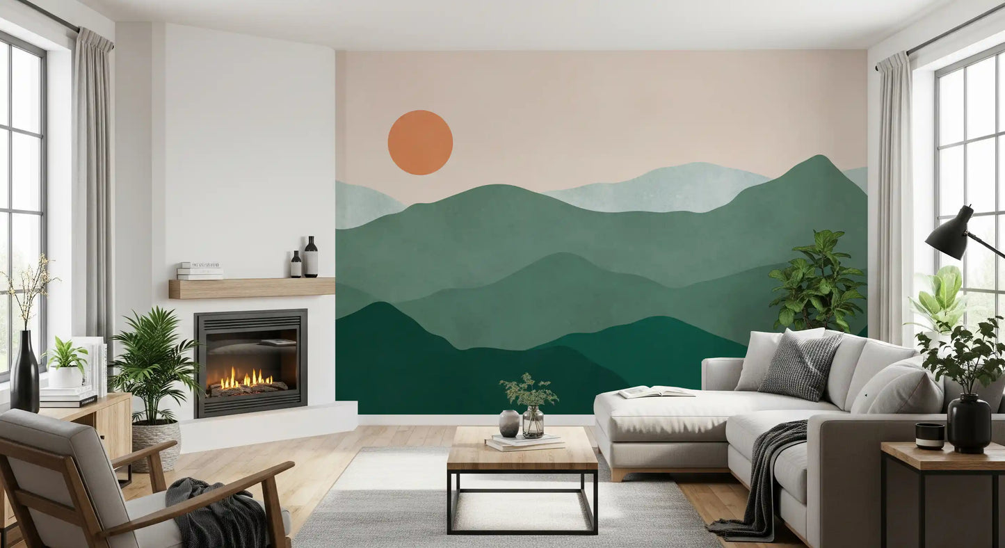 Rolling peaks wall mural in mint, sage, and pine green under a calm cream sunset., GD10292