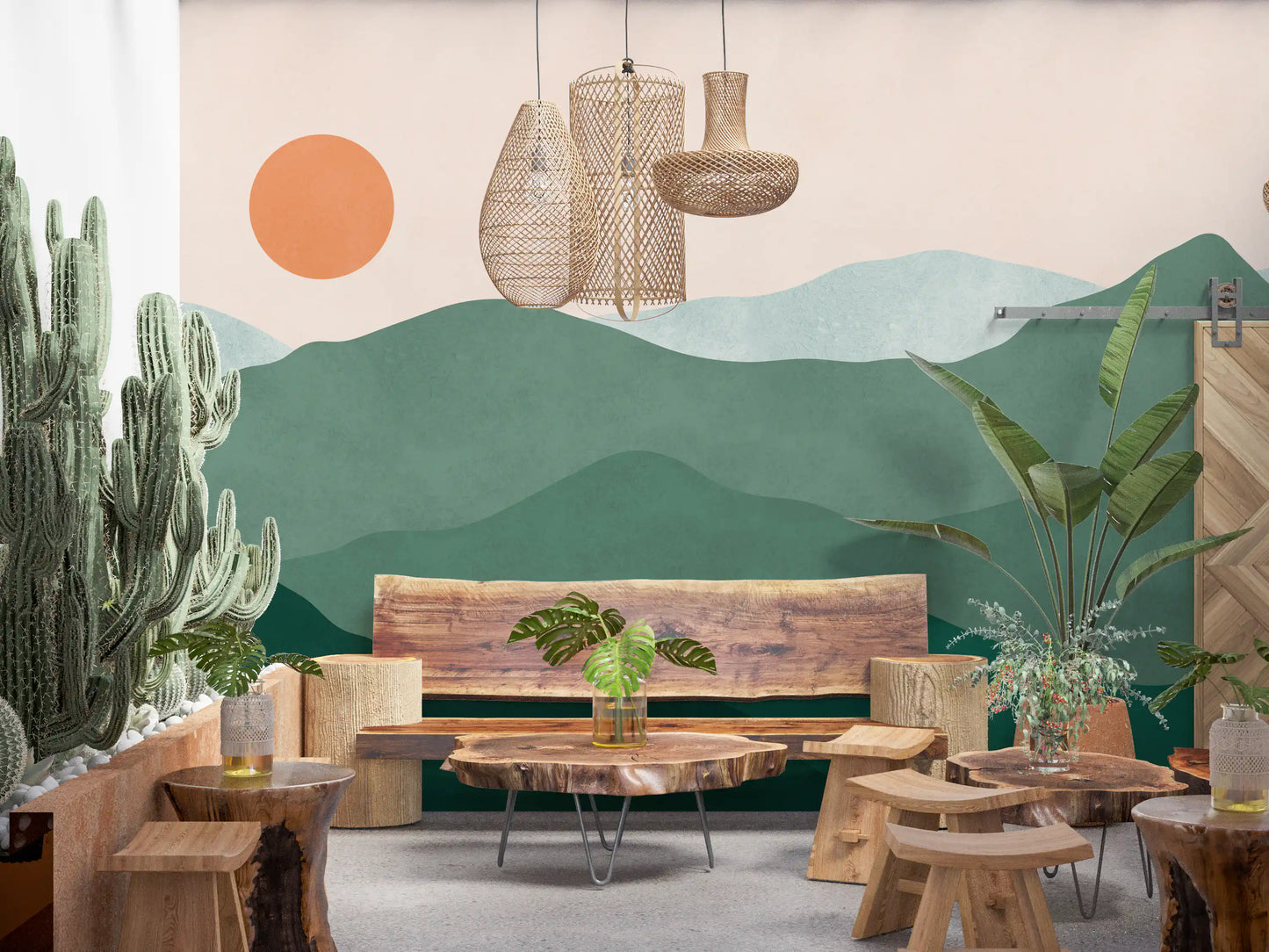 Sage and forest green ranges stacked across a wide horizon in a soft sunset wall mural., GD10292