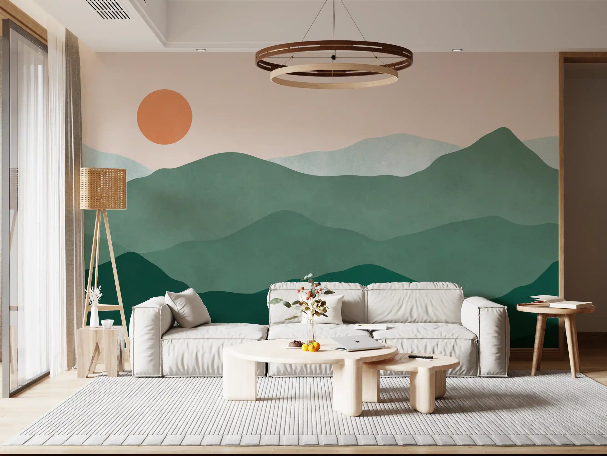 Green peak sunset wall mural with layered sage, mint, and forest green mountains., GD10292