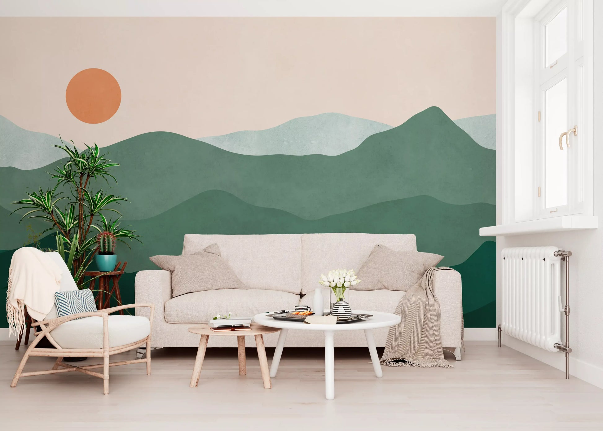 Wall mural showing Layered green peaks fading from light mint to deep pine under a pale cream horizon., GD10292