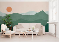 Wall mural showing Layered green peaks fading from light mint to deep pine under a pale cream horizon., GD10292
