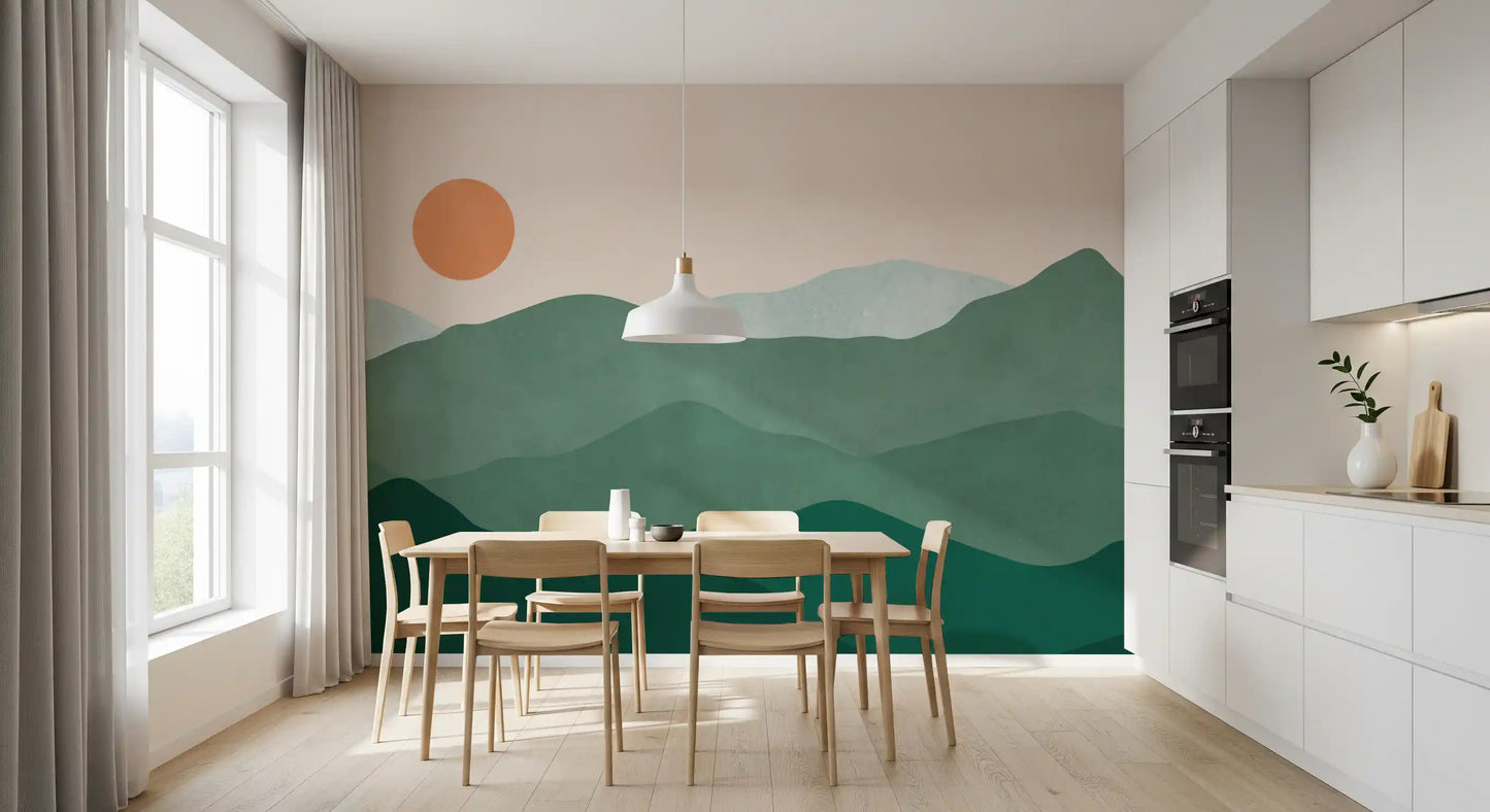 Green peak sunset wall mural with sage and terracotta tones in dining room., GD10292