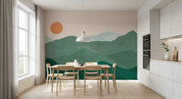 Green peak sunset wall mural with sage and terracotta tones in dining room., GD10292