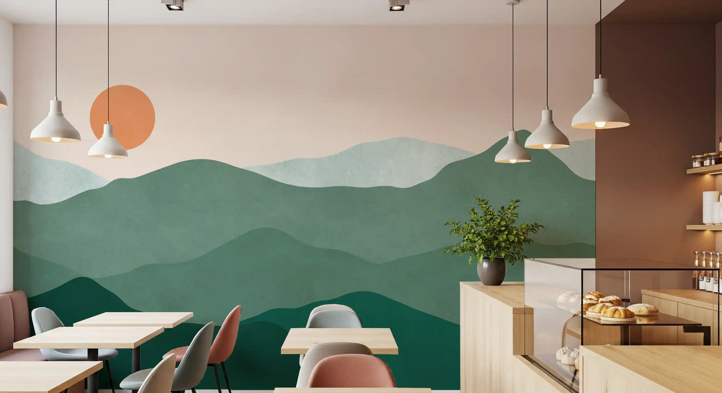 Watercolour mountain wall mural in green family tones with a single terracotta circle., GD10292