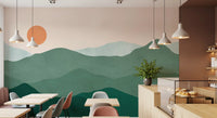Watercolour mountain wall mural in green family tones with a single terracotta circle., GD10292