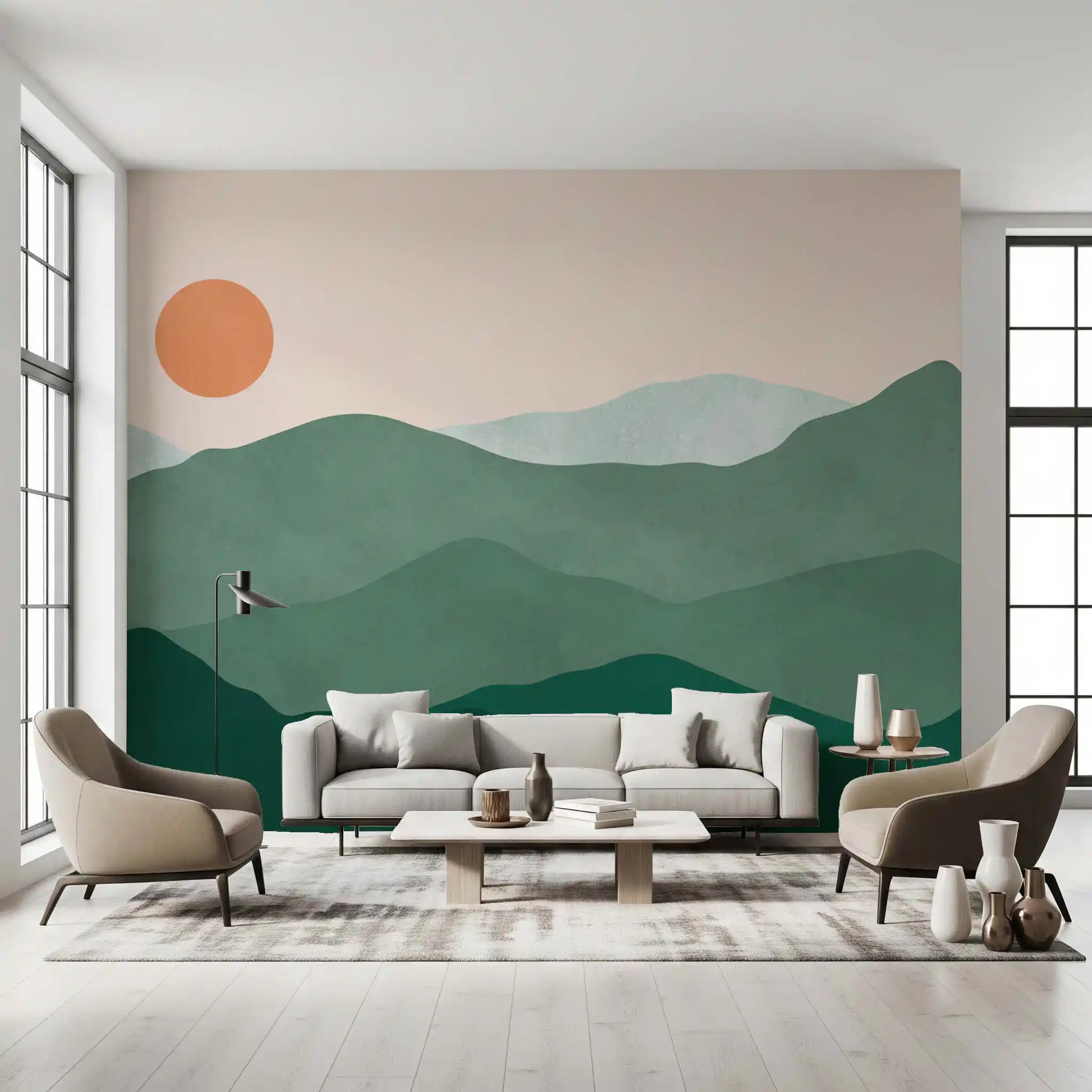 Mountain landscape mural in soft watercolour greens with a small clay-toned sun., GD10292