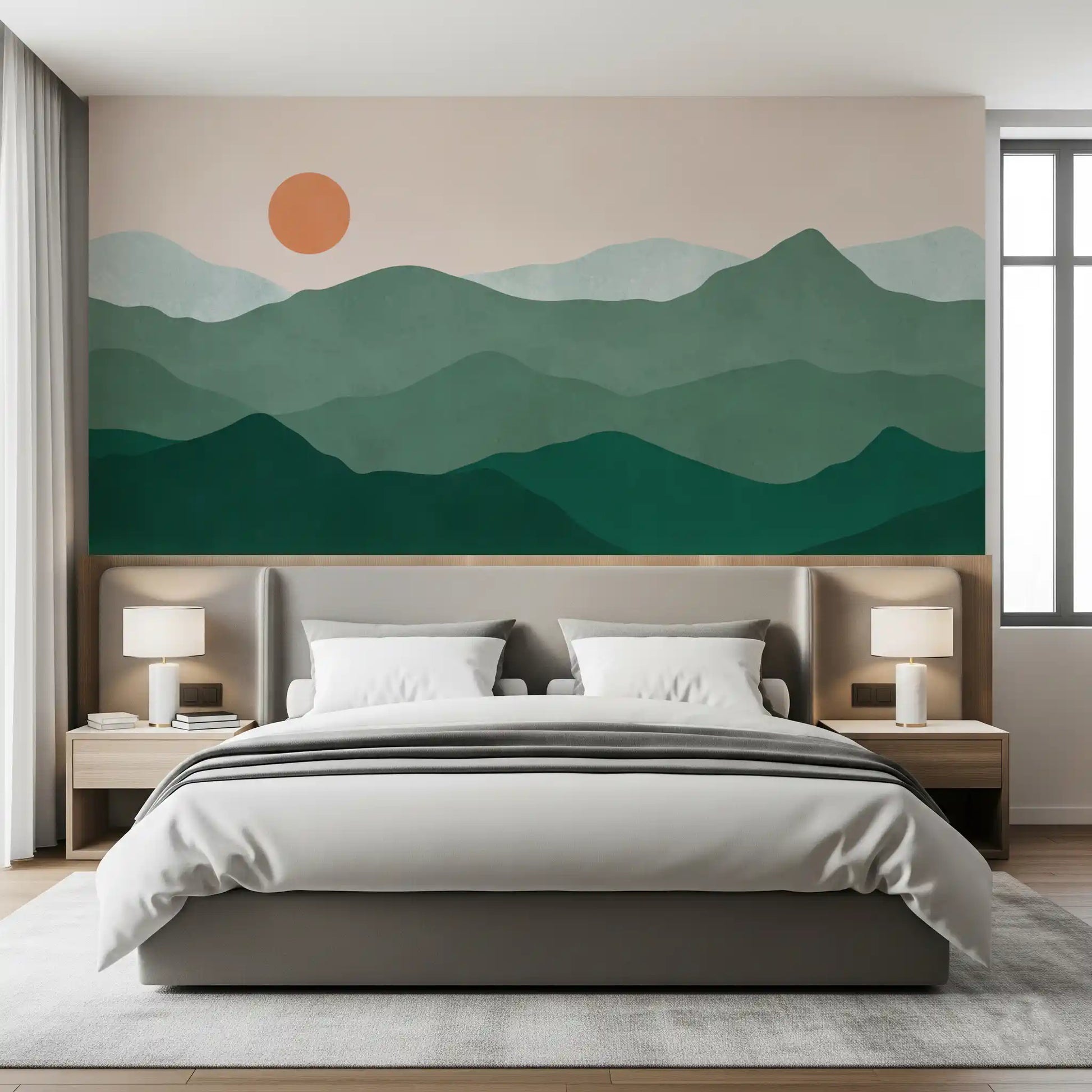 Terracotta sun wall mural with rolling green ridges in sage and pine on a cream sky., GD10292