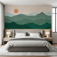 Terracotta sun wall mural with rolling green ridges in sage and pine on a cream sky., GD10292
