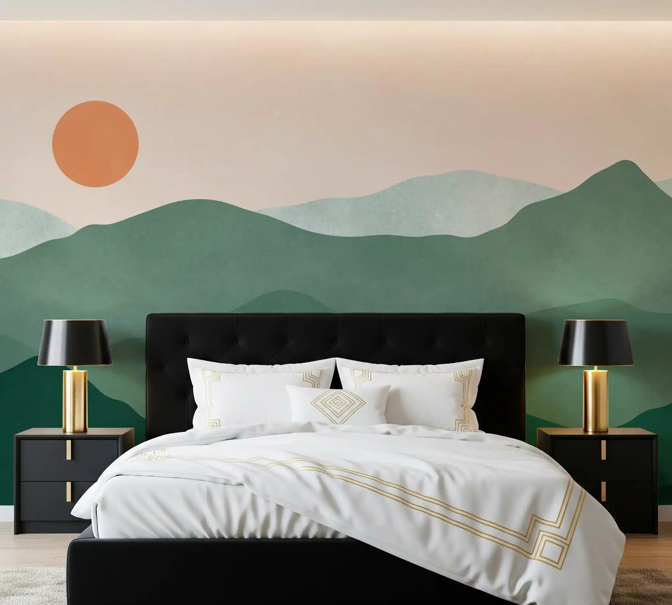 Bedroom wall mural featuring layered green mountain landscape with a small orange sun. 
