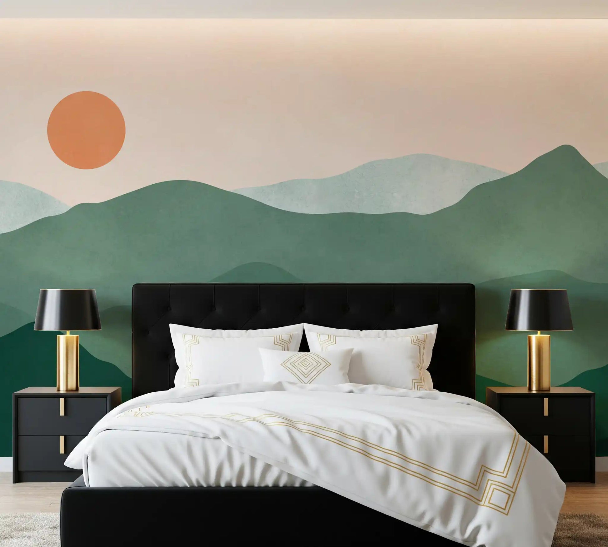 Bedroom wall mural featuring layered green mountain landscape with a small orange sun., GD10292