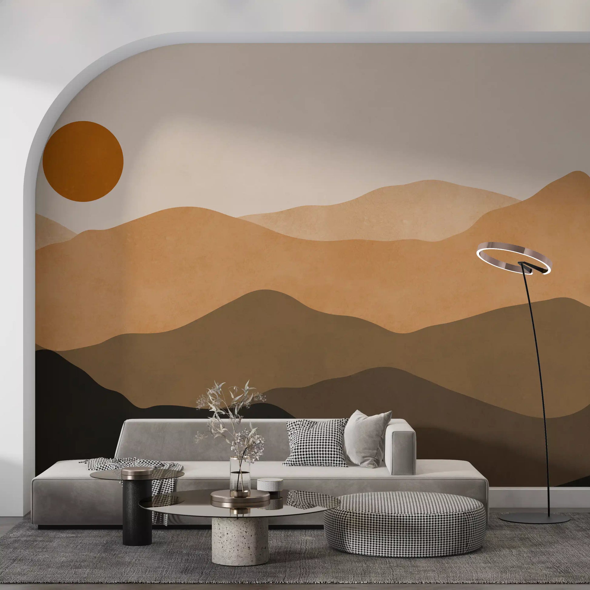 Watercolour mountain landscape mural in tan, brown, and black under a soft cream sky., GD10293