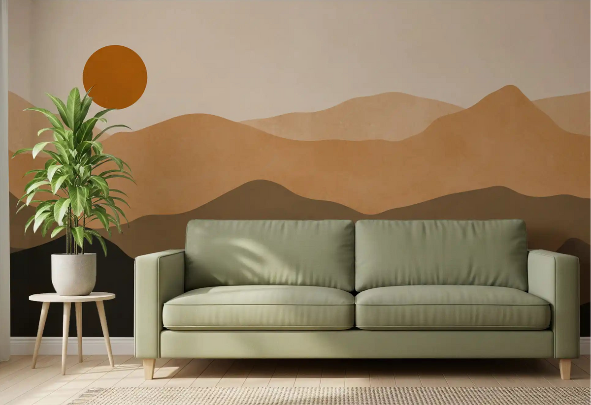 Living room wall styled with earthy mountain sunset mural in warm tan and brown., GD10293